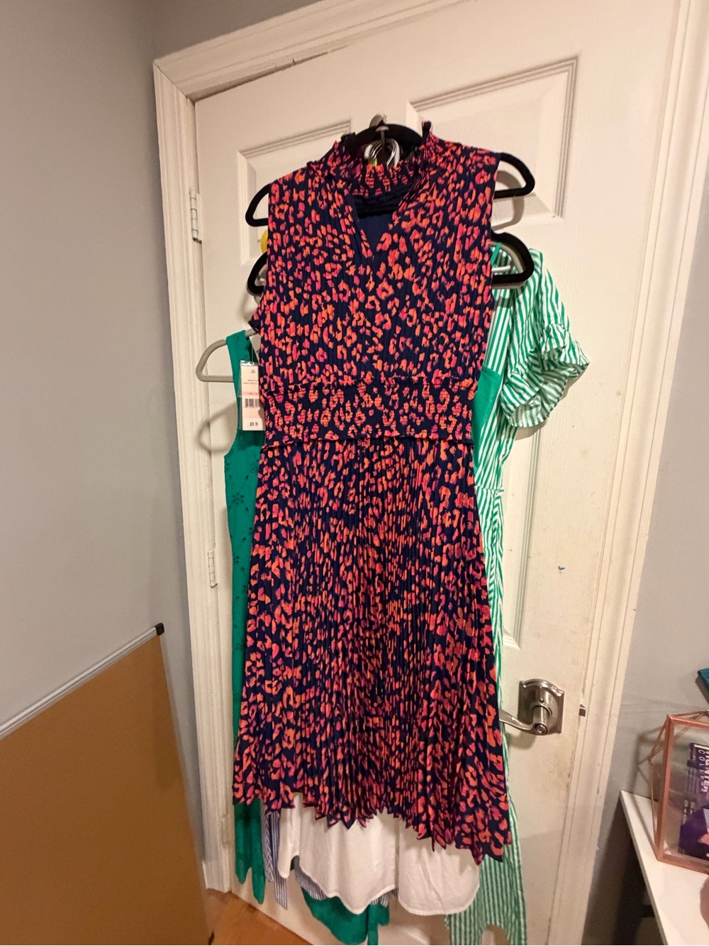 Vibrant animal print  Navy & Coral Pleated Midi Dress